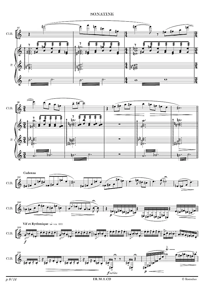 Extrait de la partition "Sonatine pour Clarinette basse" en résolution dégradée.