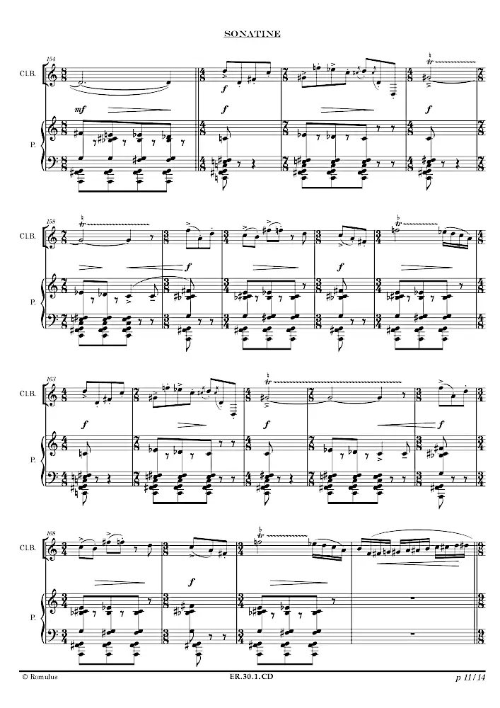 Extrait de la partition "Sonatine pour Clarinette basse" en résolution dégradée.
