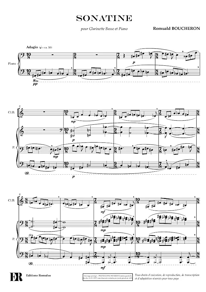 Extrait de la partition "Sonatine pour Clarinette basse" en résolution dégradée.
