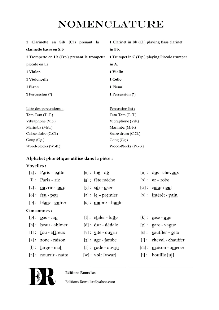Nomenclature de la partition "Jeux de sons" éditée aux Éditions Romulus.