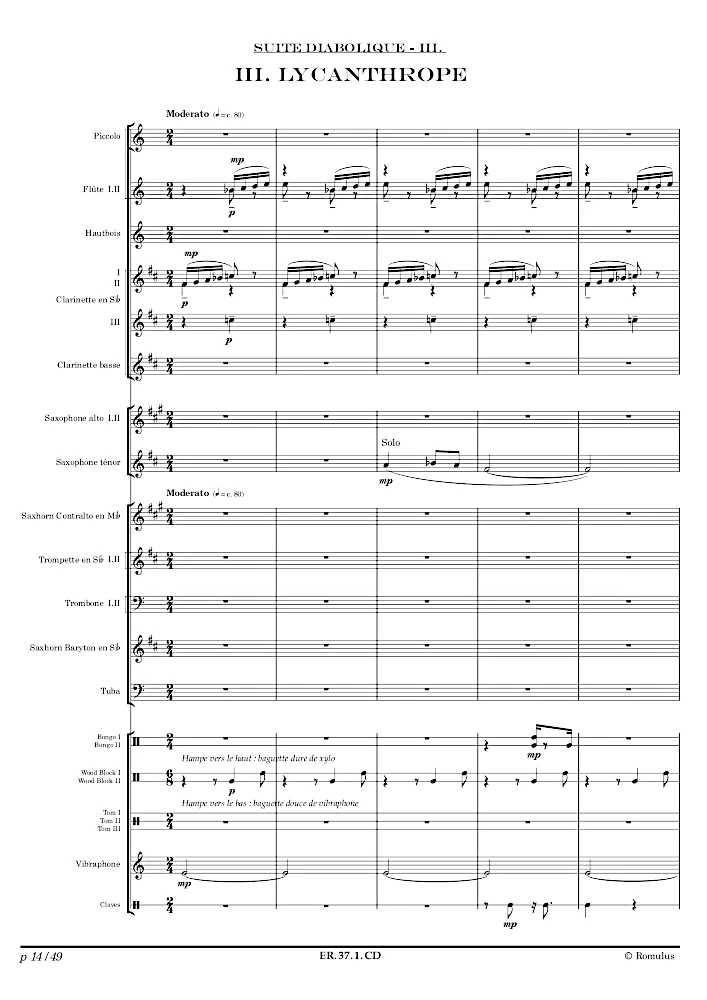 Extrait de la partition "Suite Diabolique" éditée aux Éditions Romulus.