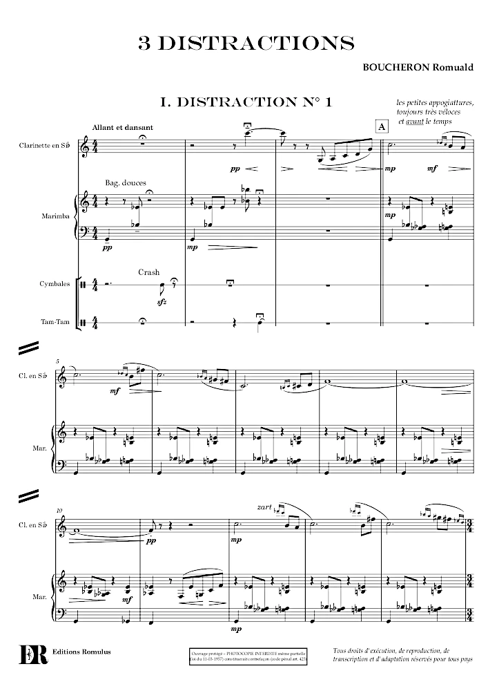 Extrait de la partition "3 Distractions" éditée aux Éditions Romulus.