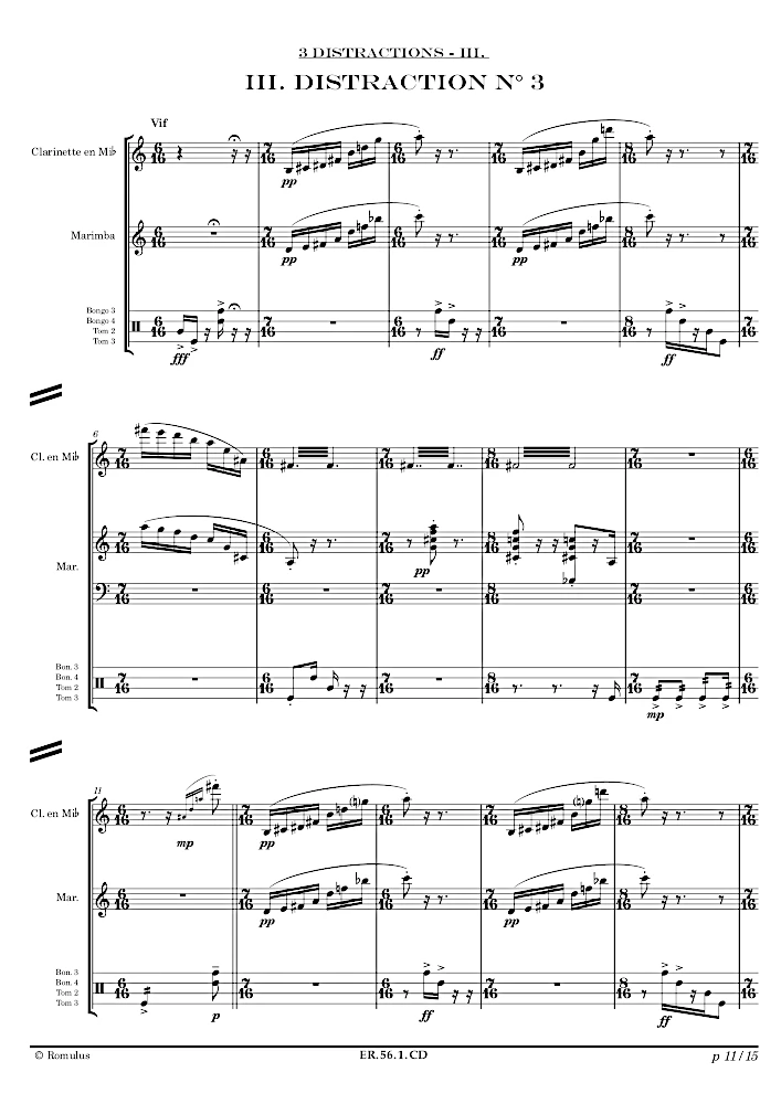 Extrait de la partition "3 Distractions" éditée aux Éditions Romulus.