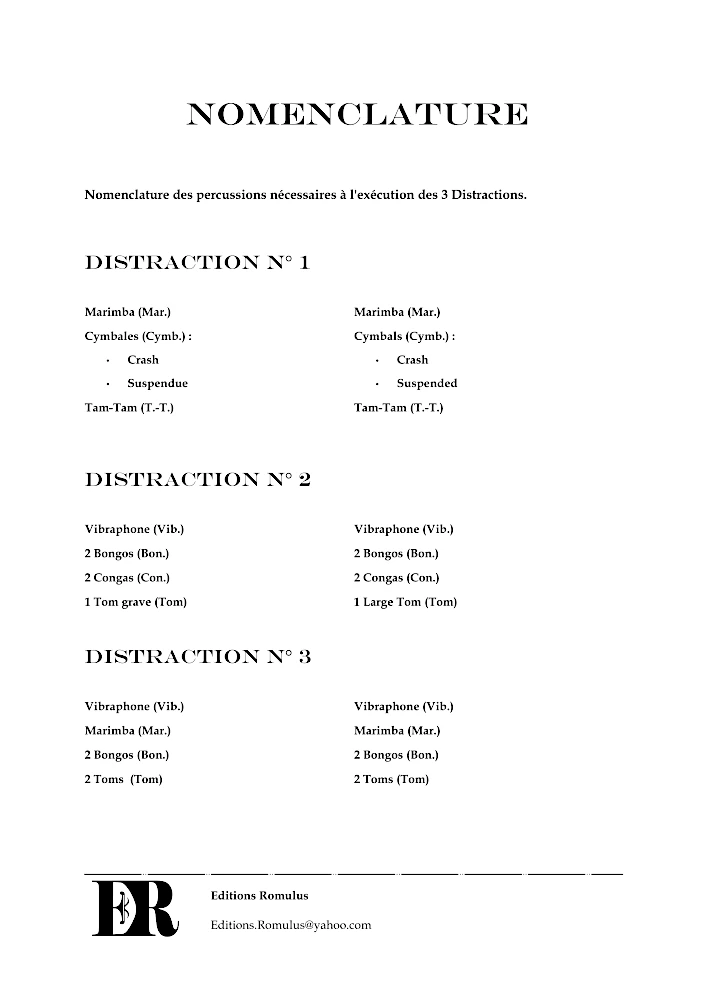 Nomenclature de la partition "3 Distractions" éditée aux Éditions Romulus.