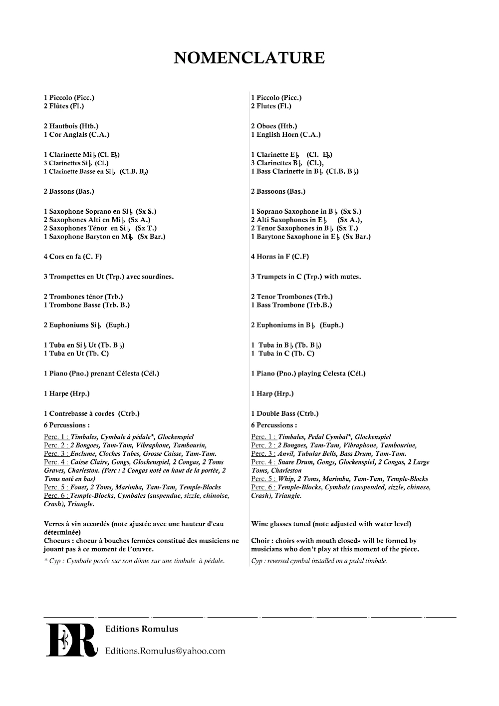 Nomenclature de la partition "Agapes Tourangelles" éditée aux Éditions Romulus.