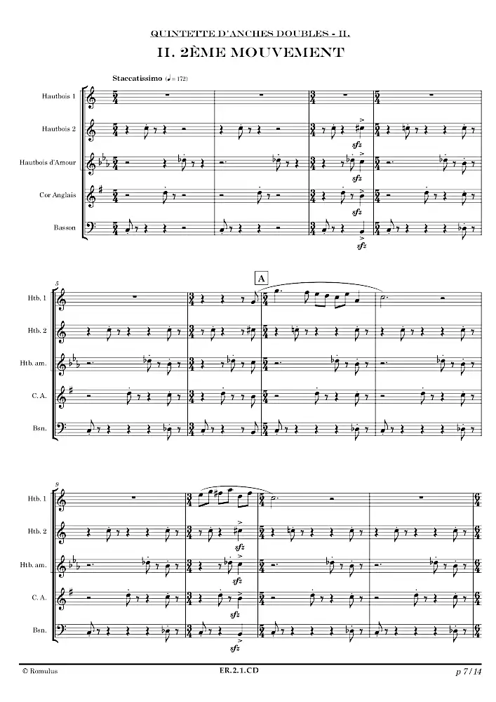 Extrait de la partition "Quintette d'anches doubles" en résolution dégradée.