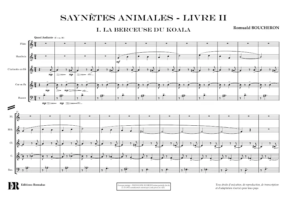 Extrait de la partition "Saynètes animales - Livre II" en résolution dégradée.