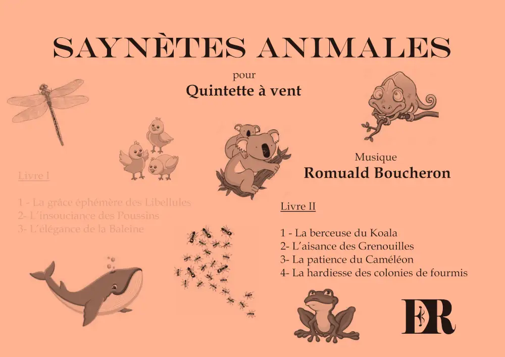 Couverture de la partition "Saynètes animales - Livre II" éditée aux Éditions Romulus.