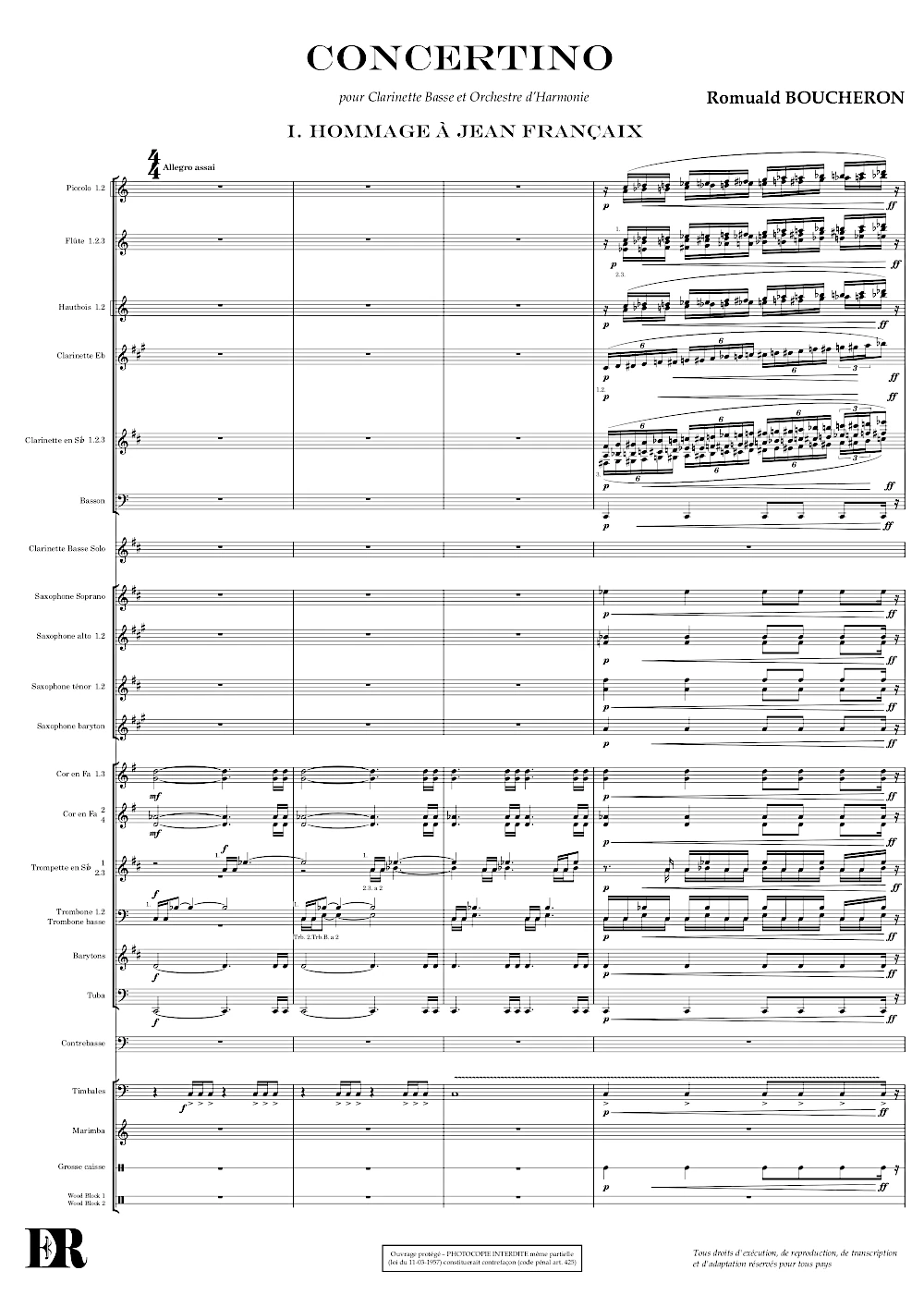 Extrait de la partition "Concertino pour Clarinette Basse" éditée aux Éditions Romulus.