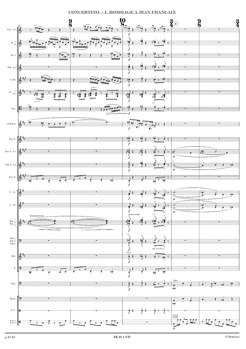 Extrait de la partition "Concertino pour Clarinette Basse" éditée aux Éditions Romulus.