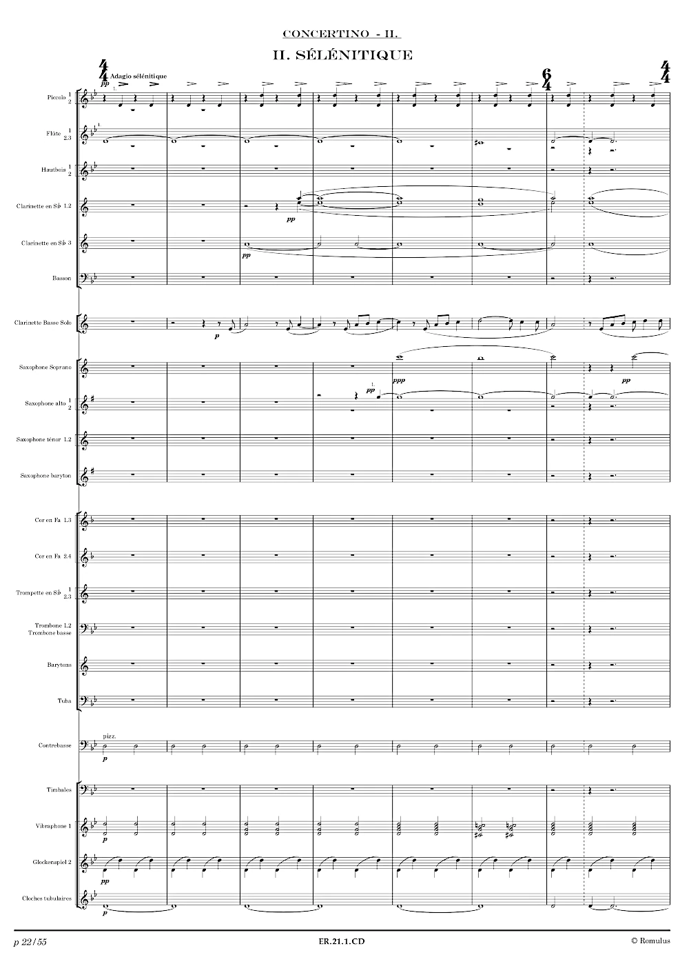 Extrait de la partition "Concertino pour Clarinette Basse" éditée aux Éditions Romulus.