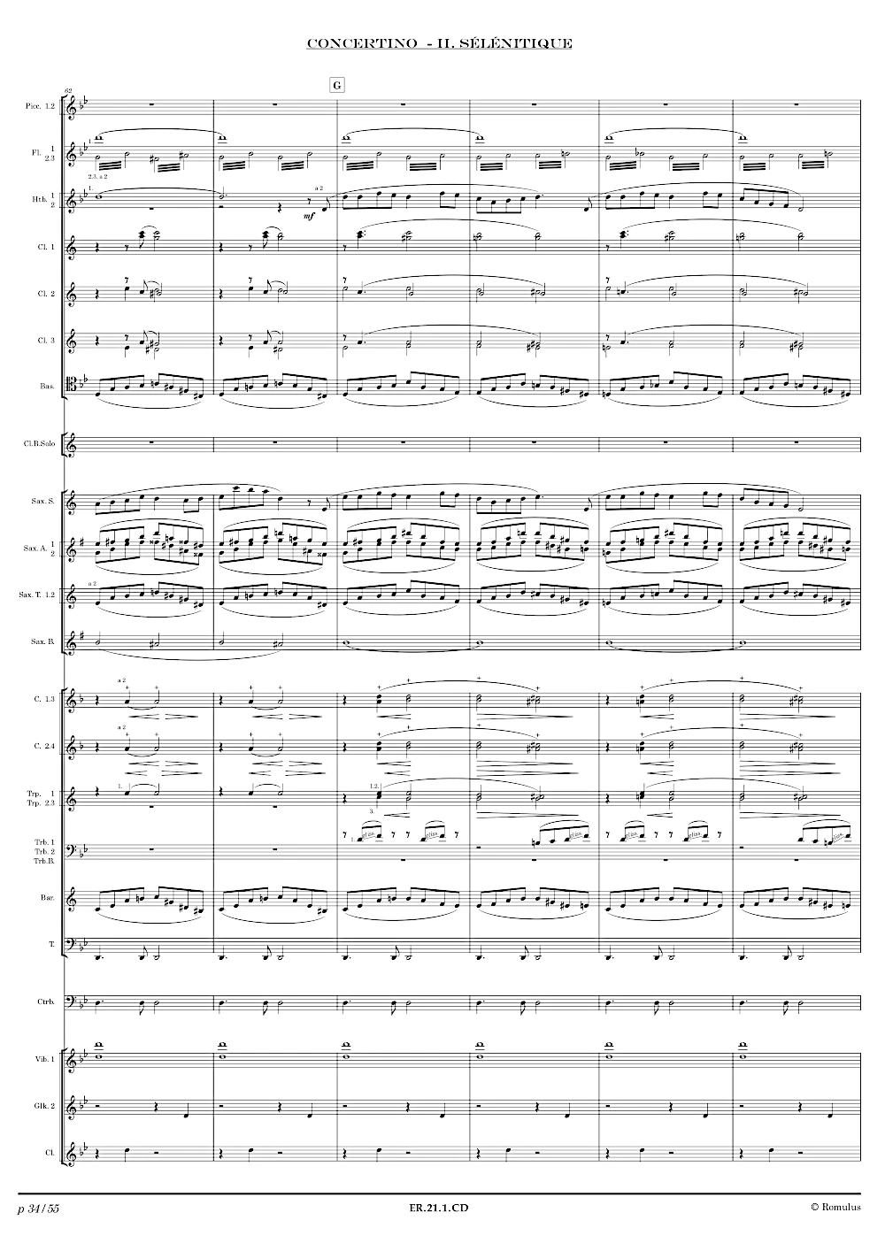 Extrait de la partition "Concertino pour Clarinette Basse" éditée aux Éditions Romulus.