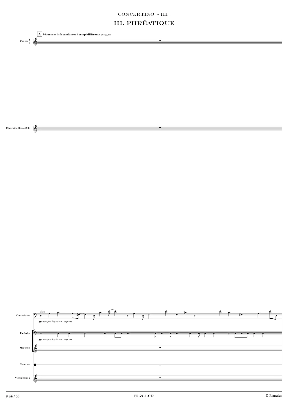 Extrait de la partition "Concertino pour Clarinette Basse" éditée aux Éditions Romulus.