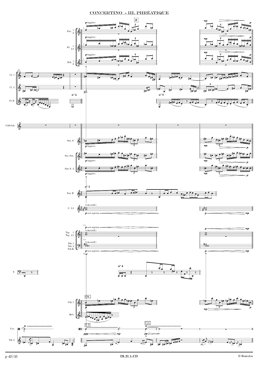 Extrait de la partition "Concertino pour Clarinette Basse" éditée aux Éditions Romulus.