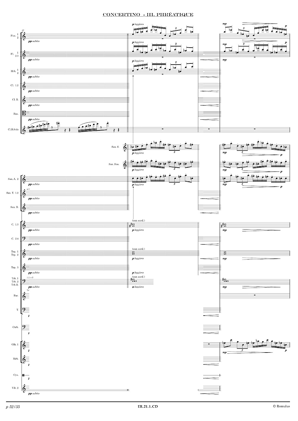Extrait de la partition "Concertino pour Clarinette Basse" éditée aux Éditions Romulus.