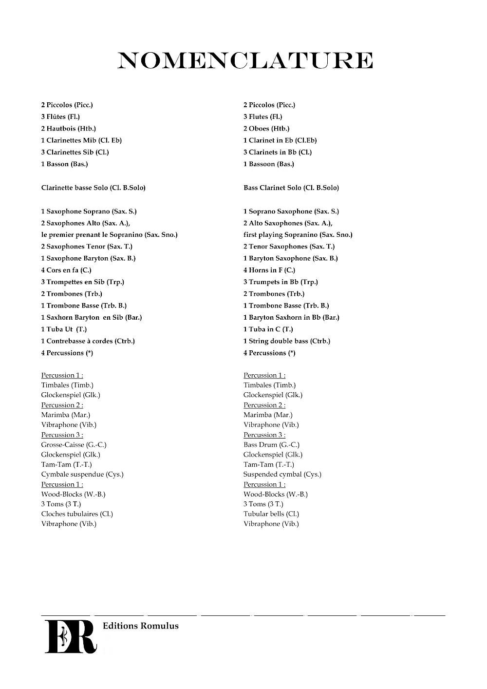 Nomenclature de la partition "Concertino pour Clarinette Basse" éditée aux Éditions Romulus.
