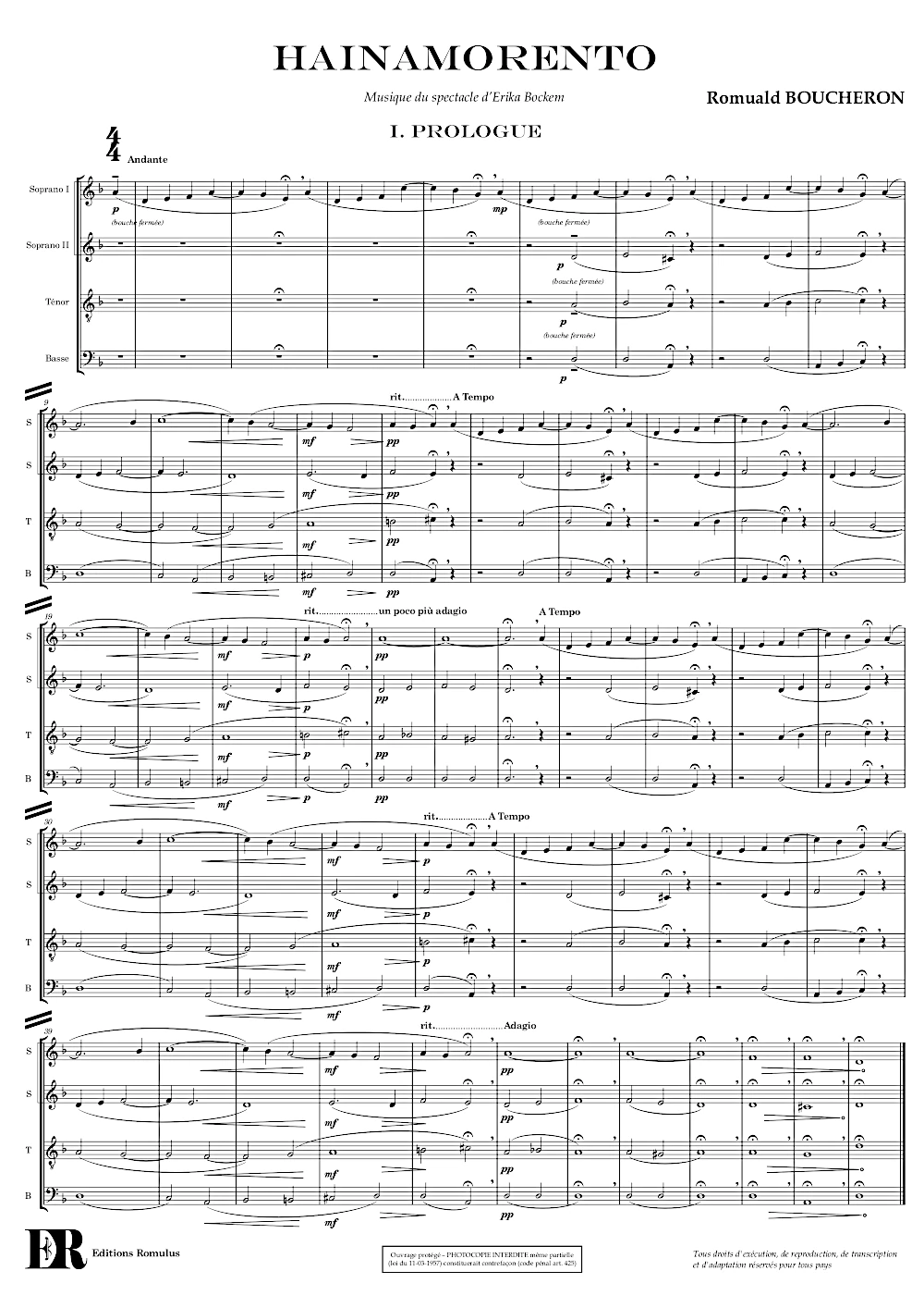 Extrait de la partition "Hainamorento" éditée aux Éditions Romulus.