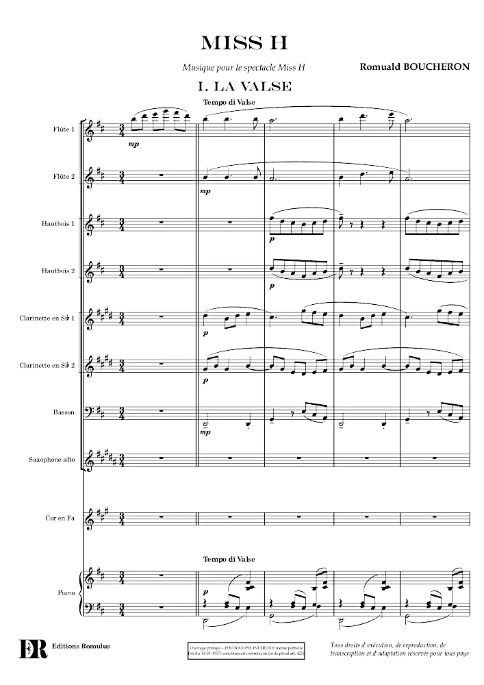 Extrait de la partition "Miss H" éditée aux Éditions Romulus.