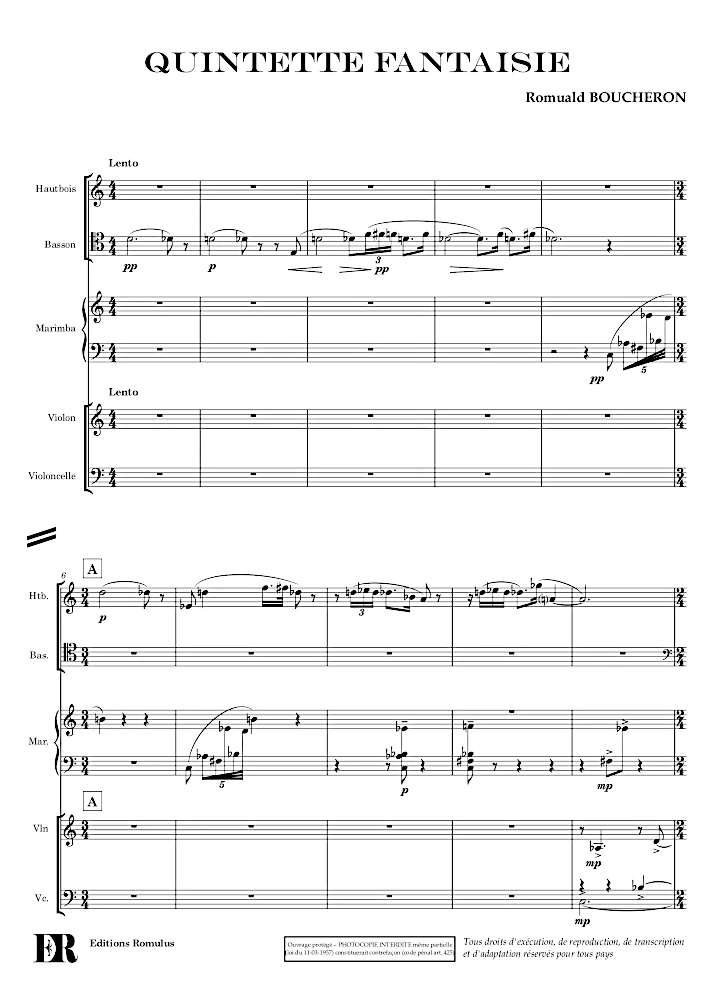 Extrait de la partition "Quintette Fantaisie" éditée aux Éditions Romulus.
