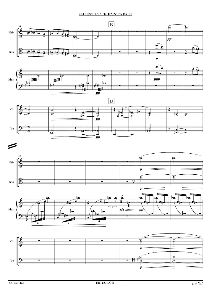 Extrait de la partition "Quintette Fantaisie" éditée aux Éditions Romulus.