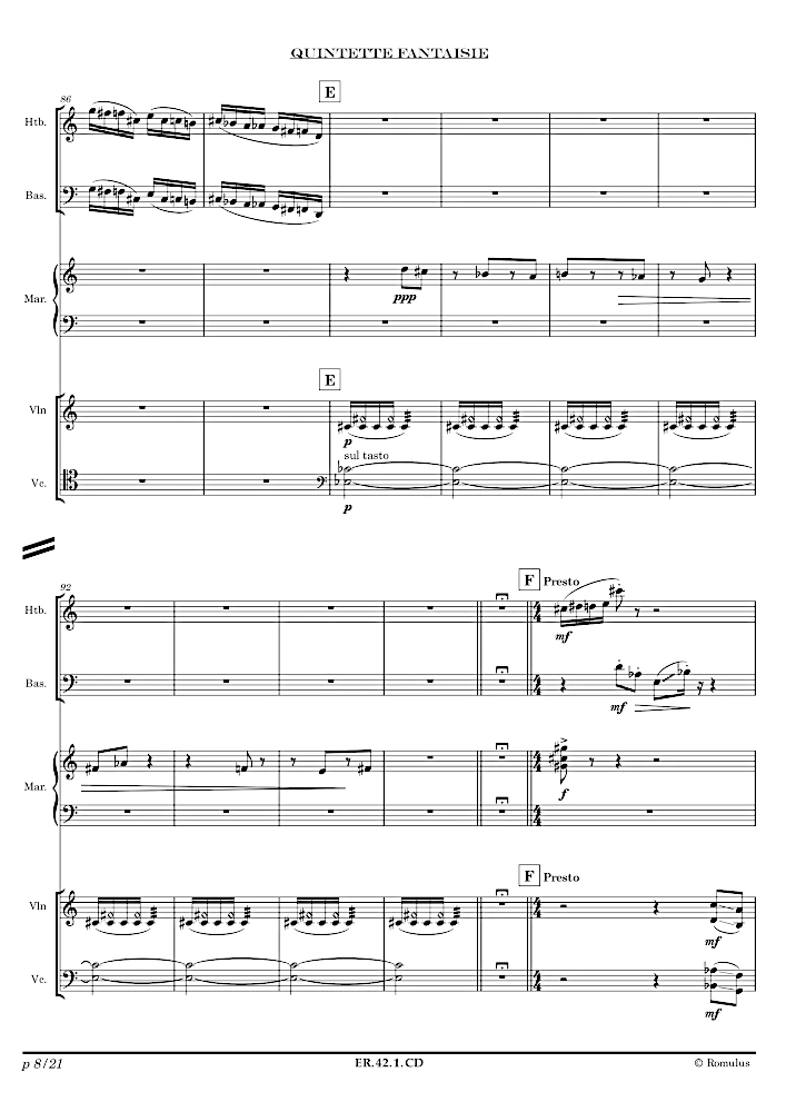 Extrait de la partition "Quintette Fantaisie" éditée aux Éditions Romulus.