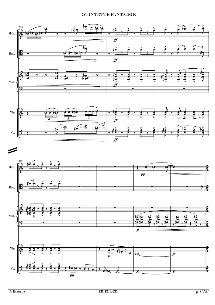 Extrait de la partition "Quintette Fantaisie" éditée aux Éditions Romulus.