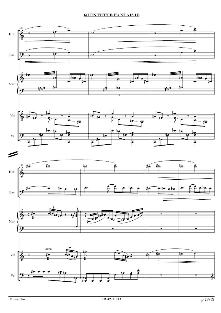 Extrait de la partition "Quintette Fantaisie" éditée aux Éditions Romulus.